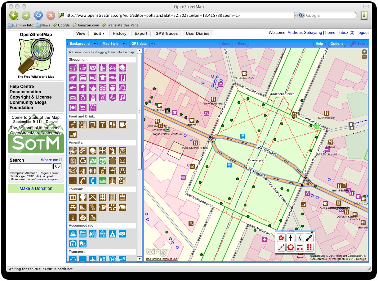 Potlatch 2 mit den wichtigsten Points of Interest an der linken Seite